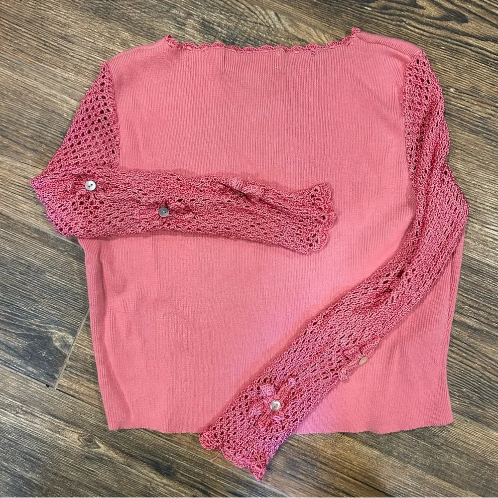 Vintage Y2K Kikit Knitwear Pink Crochet Sleeve Baby Tee – Size Small - Picture 6 of 6